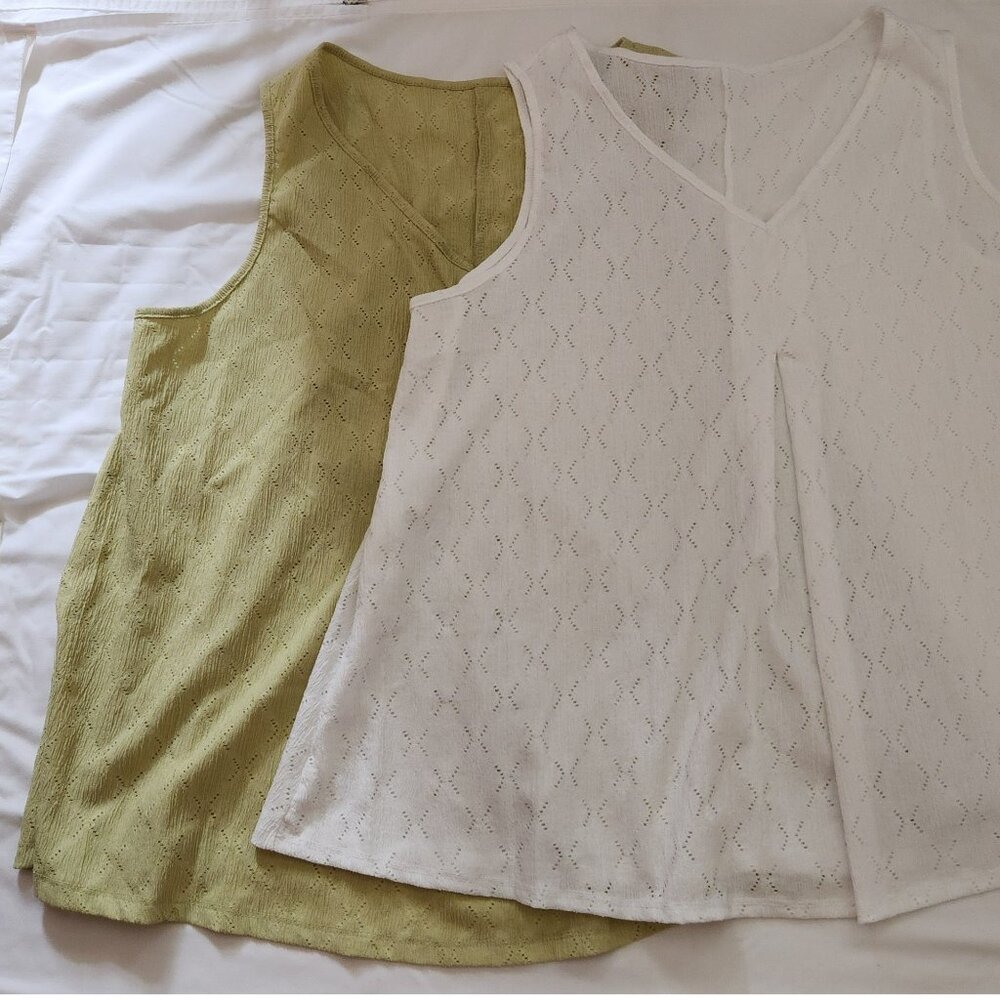 Emory Rose tank tops sz 2X green white eyelet trapeze style lot of two EUC